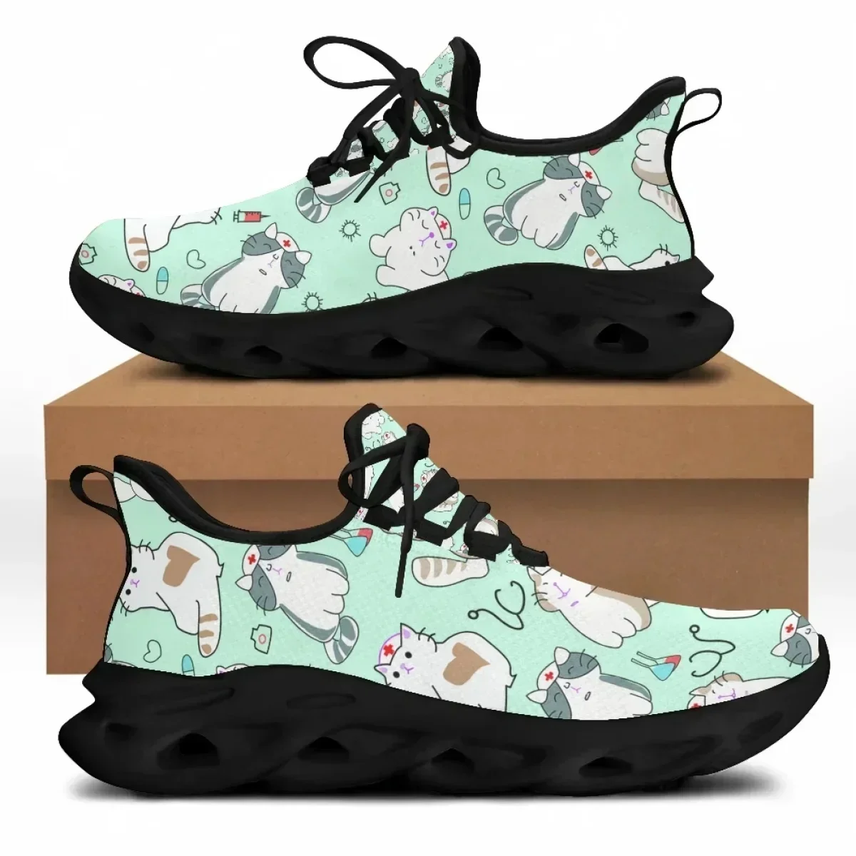 Knit Fabric Lace Up Sneakers - أحذية رياضية نسائية عصرية للصيف والربيع،